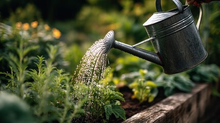 Hand watering garden plants with vintage metal watering can spray outdoor gardening care