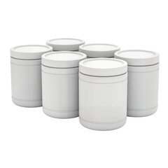 Six white cylindrical containers with lids, arranged in a group, isolated on white.