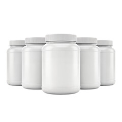 Five white plastic supplement bottles with white caps arranged in a row.