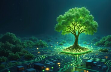 Fototapeta premium Green tree with luminous roots grows on digital circuit board. Nature meets tech in dark landscape. Lush foliage spreads as technology integrates with organic life.