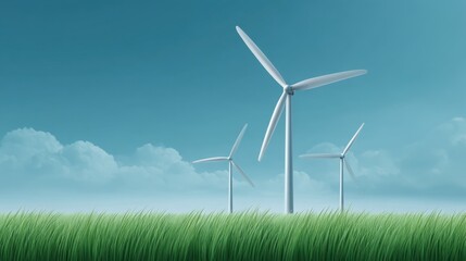 Lush Green Grassland with Wind Turbines Under Clear Blue Sky, Renewable Energy Concept for Sustainable Future and Eco-Friendly Innovations in Nature