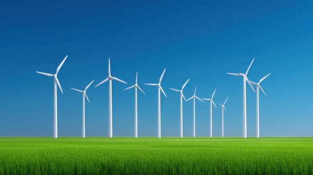 Renewable energy concept with multiple wind turbines in green field under blue sky, symbolizing sustainable development and clean energy solutions