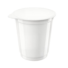A close-up shot of a white yogurt container with a lid, isolated on a white background.