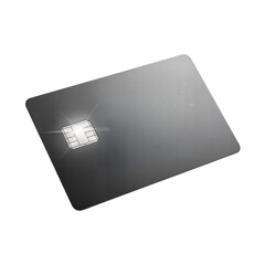 A modern blank grey credit card with a shiny EMV chip isolated on a white background.