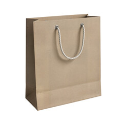 A plain brown paper shopping bag with white rope handles, isolated on a white background.