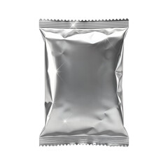 A plain silver foil packet, sealed and reflective, on a white background, ready for product branding.