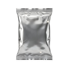 Shiny silver foil bag isolated on white background, blank packaging.