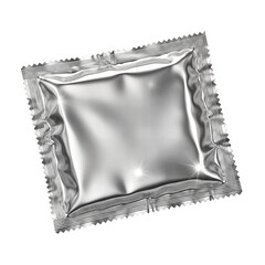 A blank, shiny silver foil sachet with crimped edges, isolated on a white background.