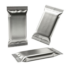 Three generic silver foil snack bar wrappers displayed against a white background, suitable for product mockups.