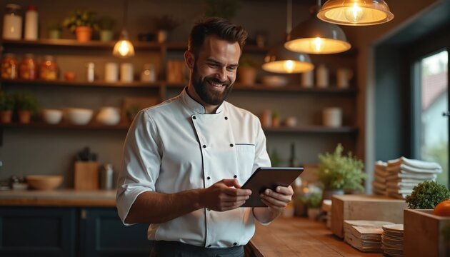 Smiling chef in white uniform uses tablet for restaurant orders in modern kitchen. He stands by shelves with food supplies and prepares for busy service. Manager checks menu. Technology helps work.