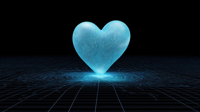 Futuristic 3D Wireframe Heart on Black Background in Neon Color with Grid Pattern and Glow Effects for Modern Love and Technology Themes - Powered by Adobe