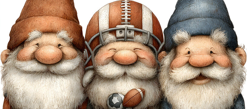 Gnomes American Football HeartBall Helmet Whistle Trophy Element Watercolor Vector File ,Clipart Cute cartoon vintage-Retro style For banner, poster, card, t shirt, sticker