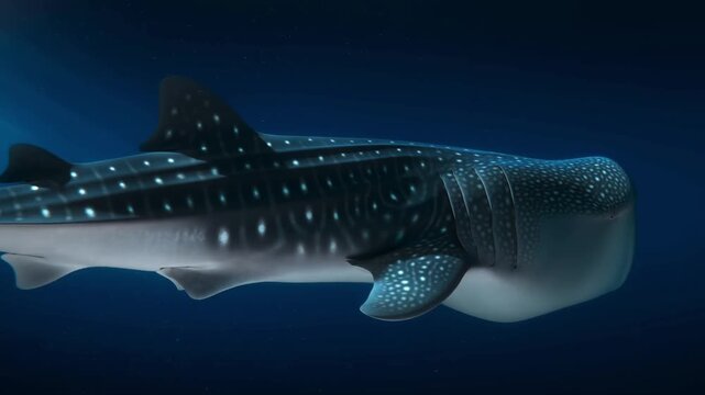 A majestic whale shark gracefully gliding through the deep ocean, its patterned skin contrasting with the dark blue water. The shark appears massive and impressive. Stock Video