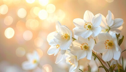 elegant white flowers with soft bokeh background, mourning and funeral imagery with copy space for text