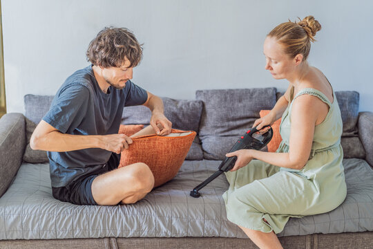 Woman and man cleaning their home together, organizing the living space and creating a tidy, fresh atmosphere. Household chores, teamwork and lifestyle concept, representing cooperation, harmony and - Powered by Adobe