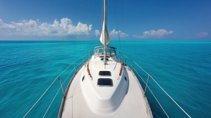 Fototapeta premium Serene View from the Bow of a Yacht Sailing over Crystal Clear Turquoise Waters under a Bright Blue Sky with Soft White Clouds on a Summer Day