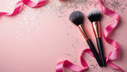 Two makeup brushes rest on pastel pink surface with pink ribbon and silver sparkles. Cosmetic tools await use for face painting. Glamour theme awaits beauty.