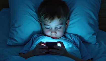 Young boy in bed uses mobile phone late at night. Bright blue light from screen illuminates face. Child focuses on smartphone in dark room. Kid plays game watches video. Digital screen media impacts
