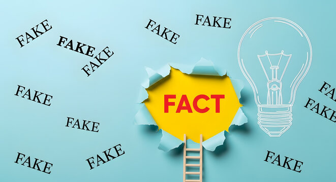 Ladder to the hole in the wall with the word fact, surrounded by fake news, propaganda and conspiracy theory concept, media and manipulation issue