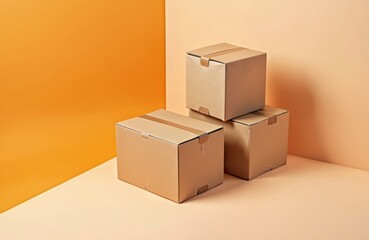 Three brown cardboard boxes stacked together on a soft peachy and bright orange background. Ideal for shipping, moving, storage, or e-commerce themes.