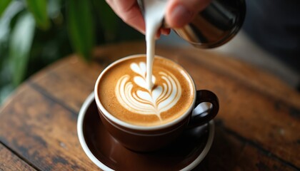 Barista pours milk into espresso cup creating latte art with foam. Coffee beverage with heart pattern served on rustic wood table. Hot drink preparation, cafe culture.