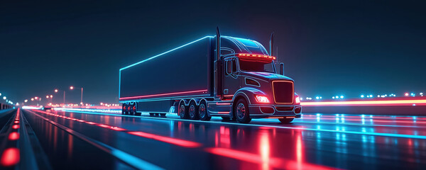 Futuristic semi truck drives on dark highway at night. Heavy duty vehicle outlined with bright neon blue red lights. Lights reflect on wet road surface. Modern tech logistics cargo delivery on fast