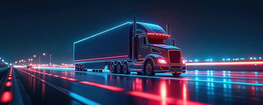 Futuristic semi truck drives on dark highway at night. Heavy duty vehicle outlined with bright neon blue red lights. Lights reflect on wet road surface. Modern tech logistics cargo delivery on fast
