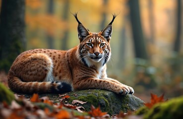 Obraz premium Eurasian lynx rests on mossy rocks in autumn forest. Spotted wildcat with tufted ears looks intently with striking eyes. Predator surveys its woodland habitat.