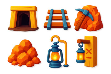 Colorful Mining Icons. 3D icon set of mining shafts: timber-framed entrance, rail track for ore cart, pickaxe left in wall,