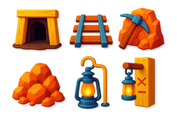 Colorful Mining Icons. 3D icon set of mining shafts: timber-framed entrance, rail track for ore cart, pickaxe left in wall,
