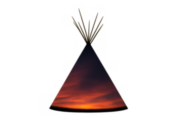 Teepee interior showing a vibrant sunset sky, reflecting traditional native american culture and a natural landscape at dusk