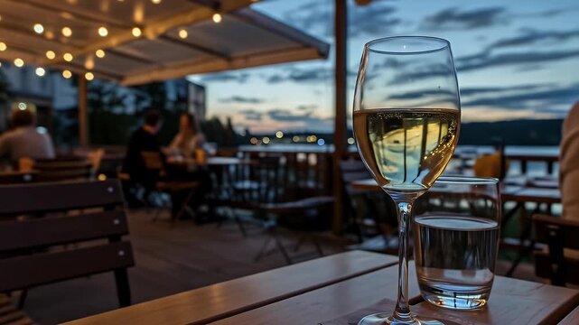 Elegant Wine Glass At Dusk Outdoor Restaurant With Twinkling Lights