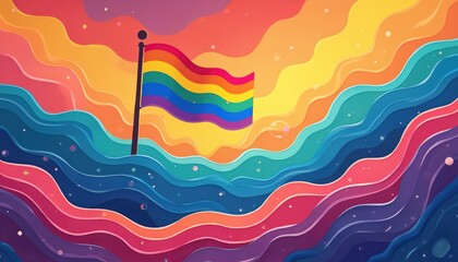 Rainbow pride flag waves in colorful abstract wavy background. Abstract shapes and lines suggest joy, inclusivity, and celebration for LGBTQ events.