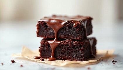 Obraz premium Rich chocolate brownie slices stacked with melted chocolate glaze. Moist baked squares with gooey topping, perfect dessert for any occasion. Decadent sweet treat.