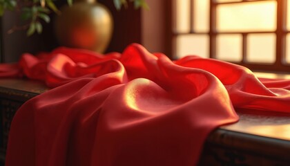 Rich red silk fabric folds gently over dark wood table. Warm light streams through window grid. Vase, green leaves add touch of nature. Luxurious texture creates elegant, inviting atmosphere for home