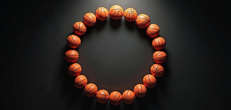 Round arrangement of basketballs on dark surface. Orange balls form a circle with empty center space for text or graphics. Perfect for sports related content.