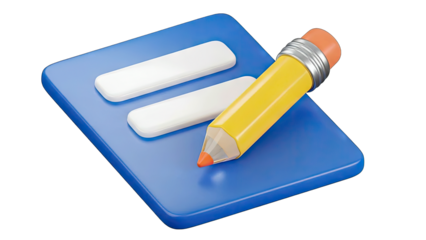 3D Blue Icon With Two White Lines Resembling A Checklist Or Form And A Yellow Pencil With Orange Eraser Tip Pointing Towards It Isolated On Transparent Background