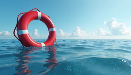 Red lifebuoy floats on calm ocean surface under clear blue sky with white clouds. Safety equipment bobbing on water provides hope for rescue at sea.
