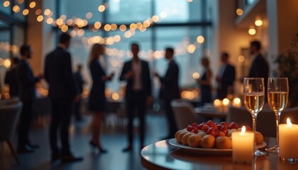 Fototapeta premium Blurred view of business people networking at an office party with food and champagne. Colleagues socialize and talk in a sophisticated indoor setting, illuminated by warm string lights and candles.