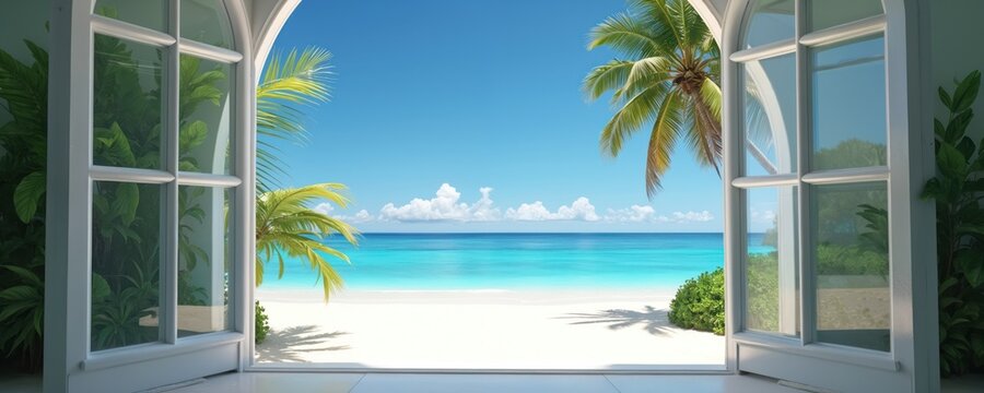 Open white french doors reveal calm blue ocean sea and white sand beach. Palm trees sway gently under clear sky. Lush green plants frame the tranquil tropical paradise view.
