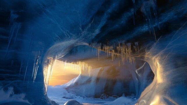 An icy cave reveals stunning light, capturing the magic of the artic wilderness. This image showcases ice formations within a cave, illuminated by a warm glow Stock Video