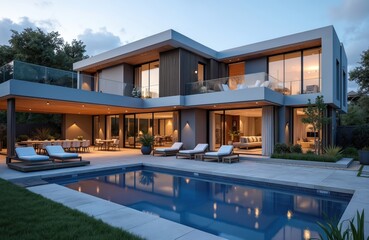 Fototapeta premium Modern two-story house with pool and outdoor furniture. Large windows and glass doors. Balcony with seating area. Manicured lawn and plants. Luxury home with swimming pool and patio.