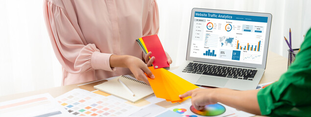 Computer software for website traffic analytics data on computer screen. Concept of SEO search engine optimization and customer targeting for online business brisk