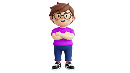 3D Cartoon Character Boy With Glasses And Purple Shirt Standing With Arms Crossed In A Confident Pose And Isolated On Transparent Background