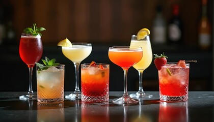 Various colourful cocktails stand on the bar counter in the dark. Fresh drinks with fruits, herbs, ice, served in glasses. Menu presentation for drinks party or celebration occasion.