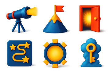 Visionary Leadership Icons. 3D icon set of visionary leadership tools: telescope with beam, mountain peak with flag, open door to