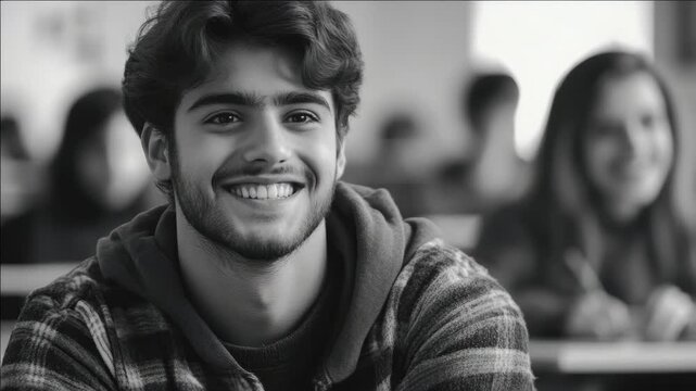 Portrait of smiling young male student in school, frontal view with blurred classroom background.