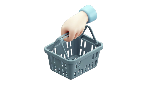 3D Cartoon Hand Holding a Grey Shopping Basket with Transparent Background and Soft Lighting