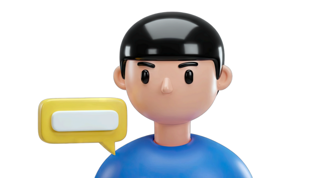 3D Cartoon Male Character With Speech Bubble Icon On Transparent Background Expressing Communication Or Message Through Yellow Chat Symbol