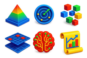 Analytical Icon Set. 3D icon set of analytical foresight: crystal pyramid, radar circle scan, matrix of floating cubes, brain